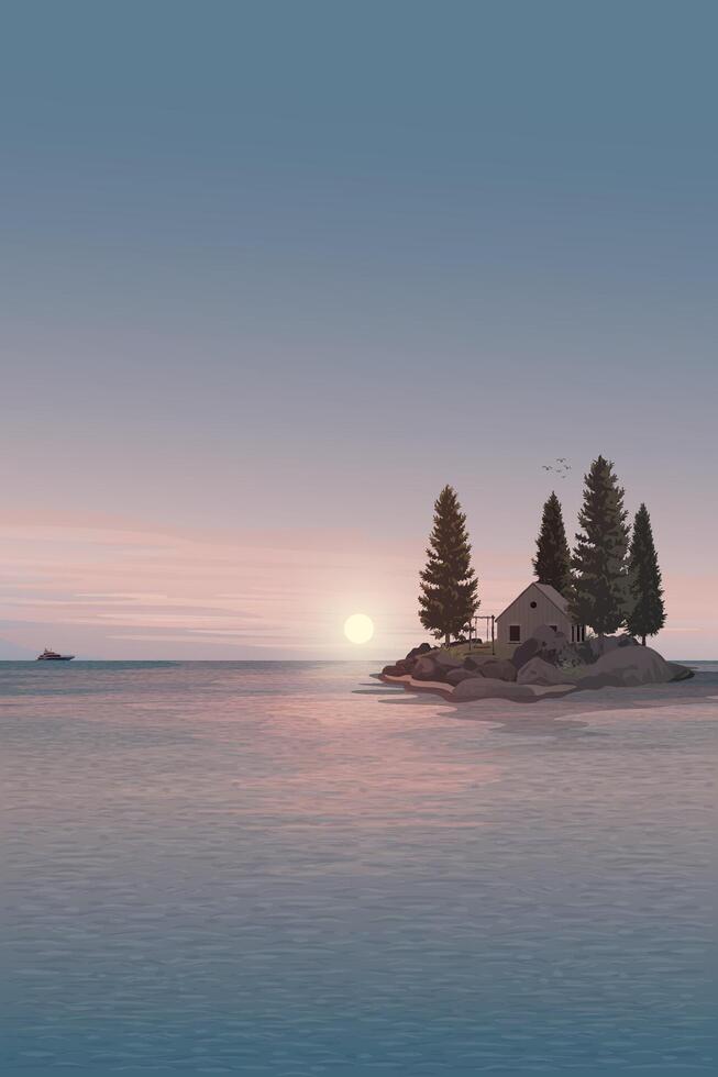 Tranquil island sunset scene vector
