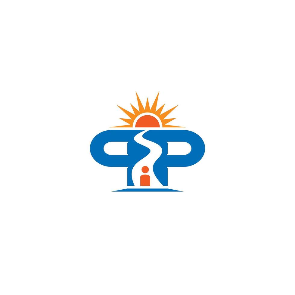 Letter PP, Pathway, Sun and a Person logo or icon design vector