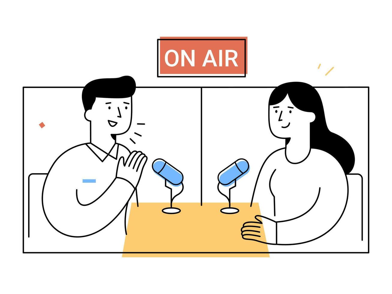A radio host and guest sit at table with microphones engaging in lively interview in studio setting, representing broadcast communication and podcast discussion vector