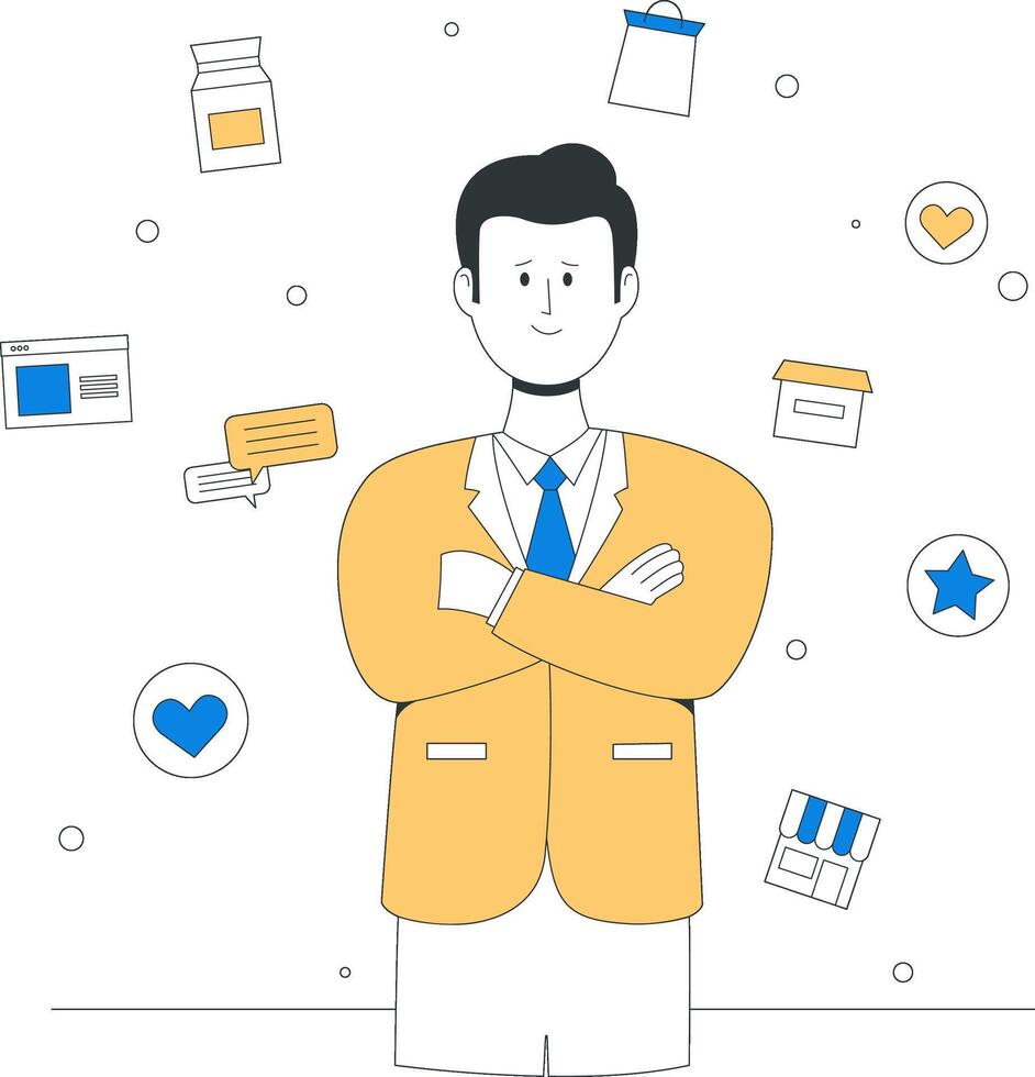 A confident businessman with strong brand identity and professional aura stands with arms crossed, surrounded by business icons, symbolizing successful brand management vector