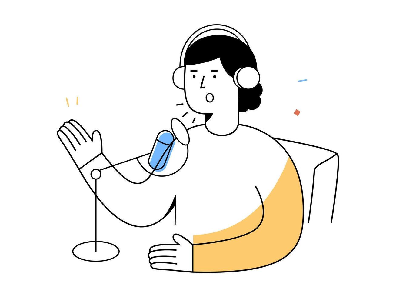 A person with headphones speaks into microphone in modern podcast studio, recording audio content and expressing creativity through digital communication technology vector