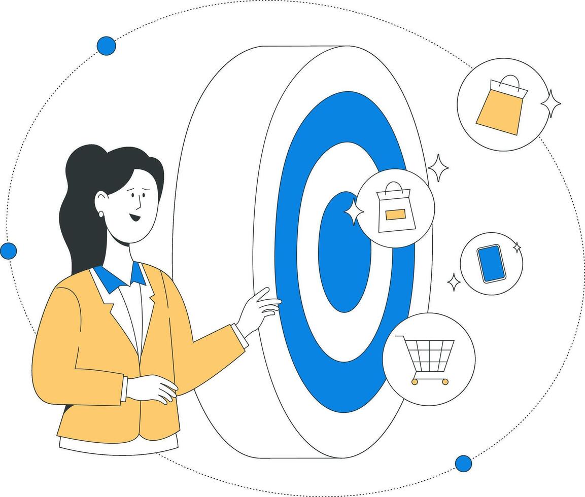A woman in yellow jacket interacts with an innovative service portal, surrounded by e-commerce icons representing digital marketing and online shopping vector