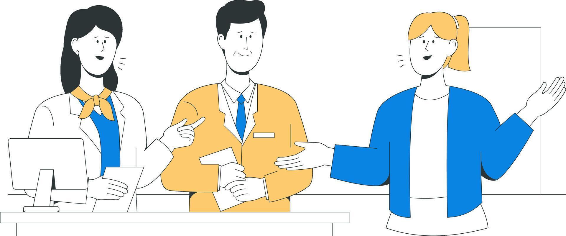 Three professionals interact at a global market reception desk, managing document flow with one holding papers, another using a scanner, and the third gesturing openly vector