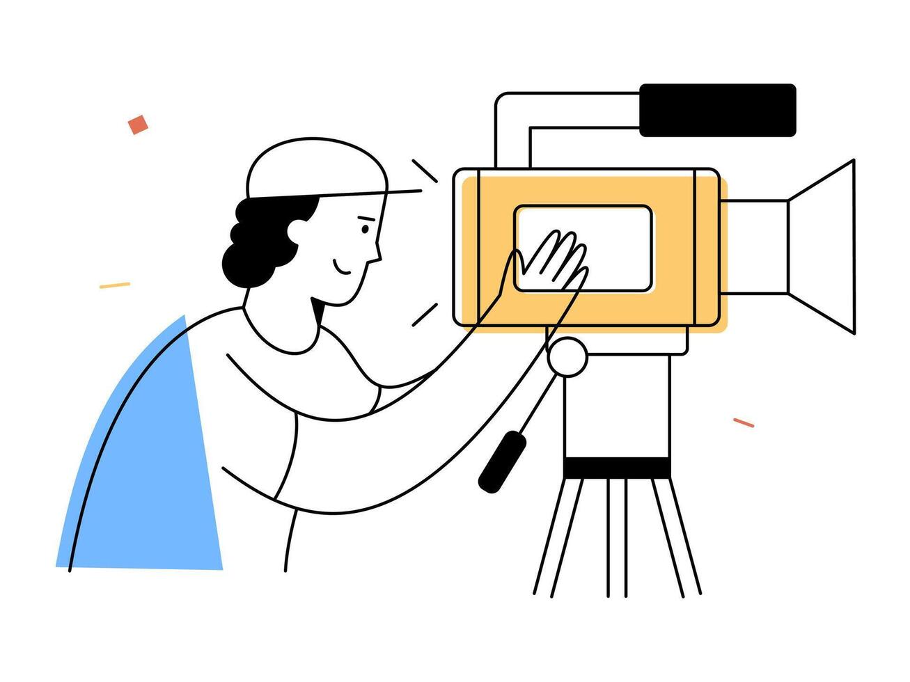 A smiling cameraman films a scene with professional equipment on tripod, showcasing creative production and media content creation in entertainment technology vector