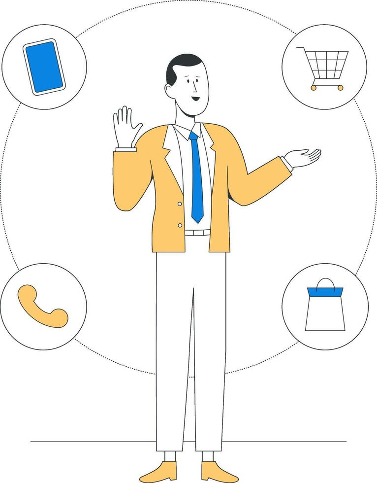 A businessperson in suit surrounded by commerce icons including phone, shopping cart, and bag, representing communication, shopping, and technology integration vector