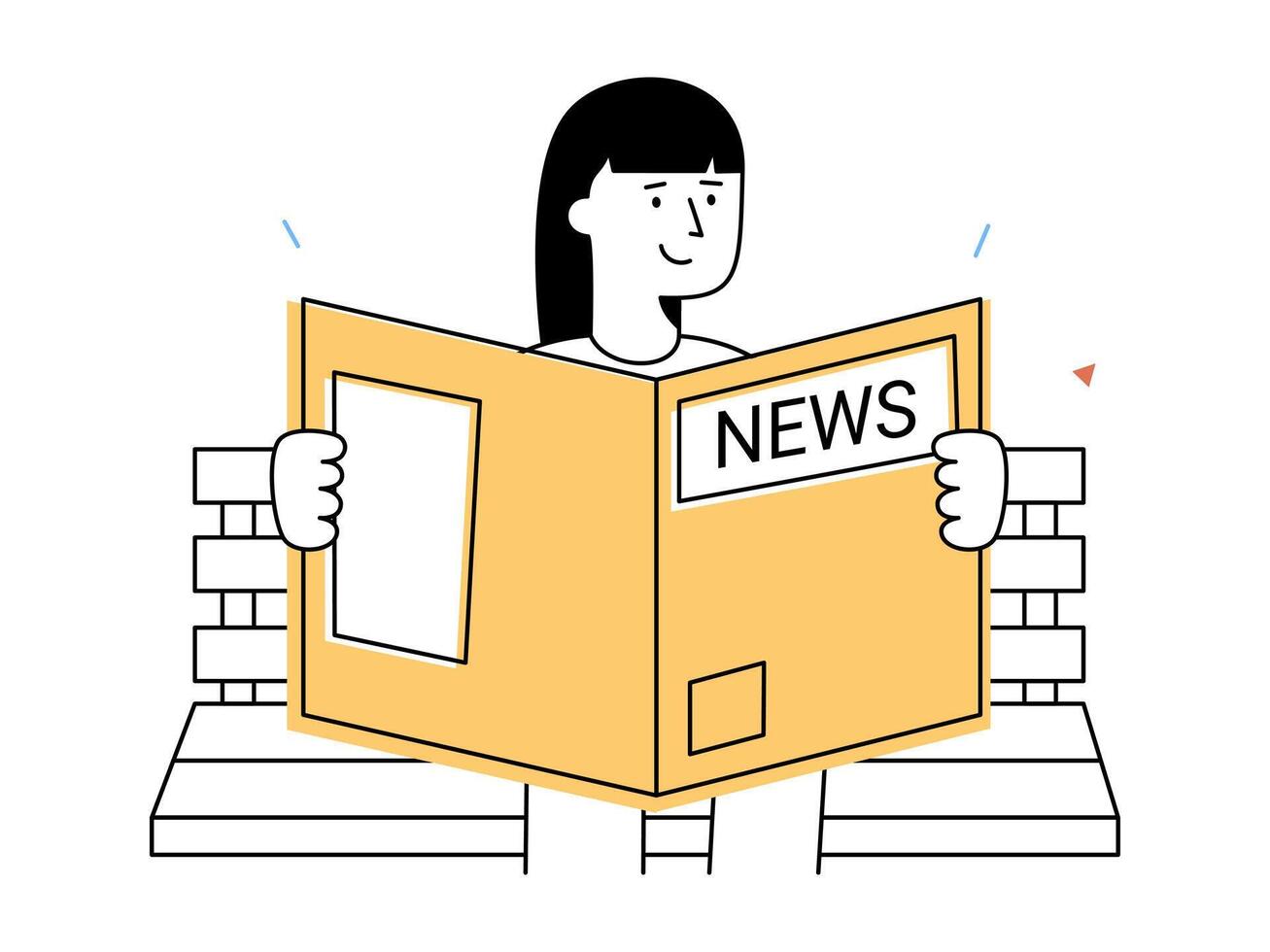 A female person sits on bench reading newspaper outdoors, representing casual leisure time and traditional information consumption in peaceful outdoor setting vector