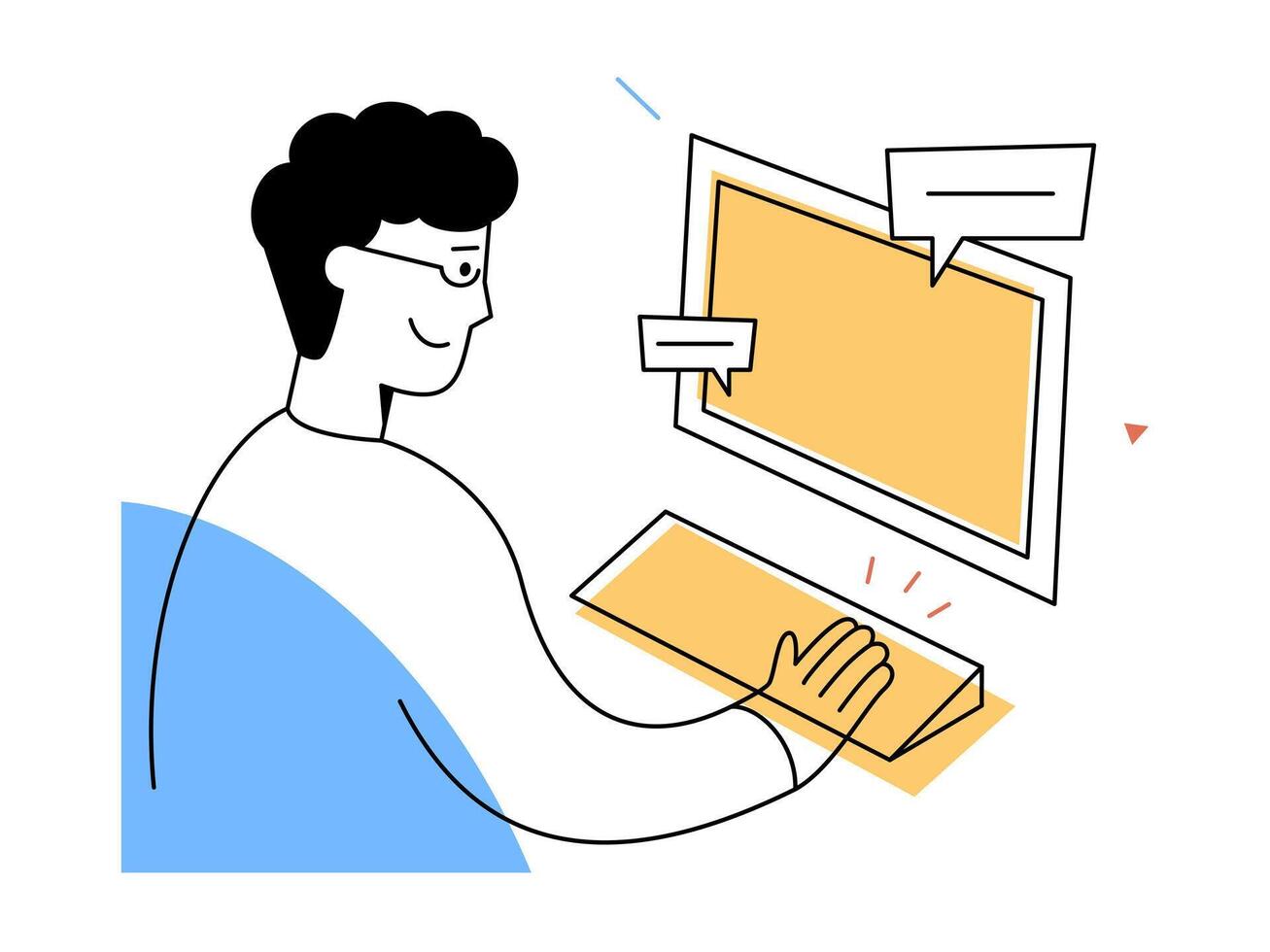 A smiling man works at computer keyboard in modern digital workspace, representing online communication, creative publishing, and technology interaction in minimal style vector