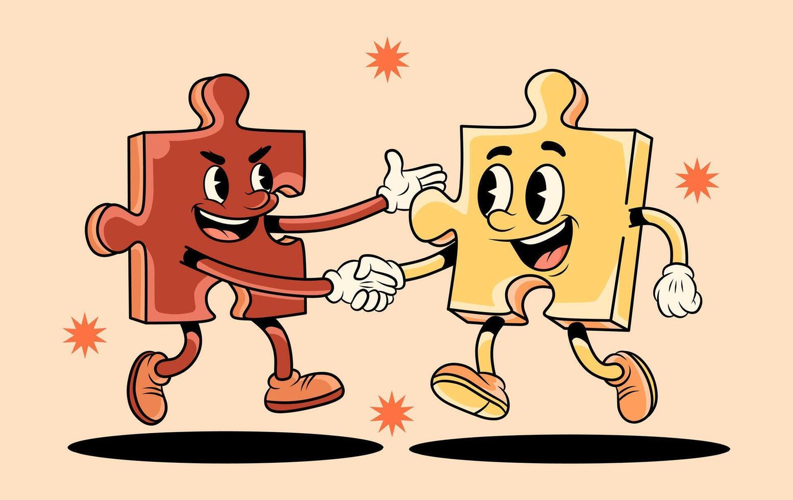 smiling cartoon puzzle pieces shaking hands, symbolizing teamwork, partnership, and successful collaboration. vector