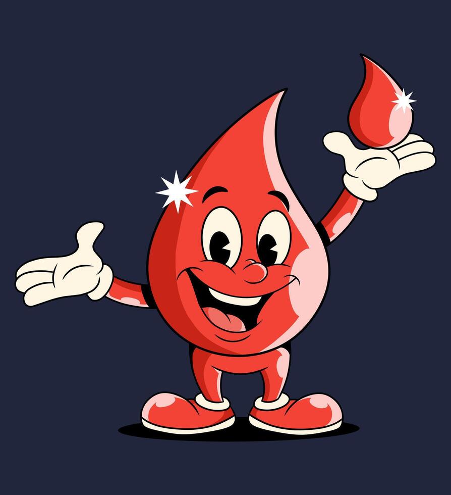 anthropomorphic red blood drop character, drawn in a classic retro cartoon style. vector
