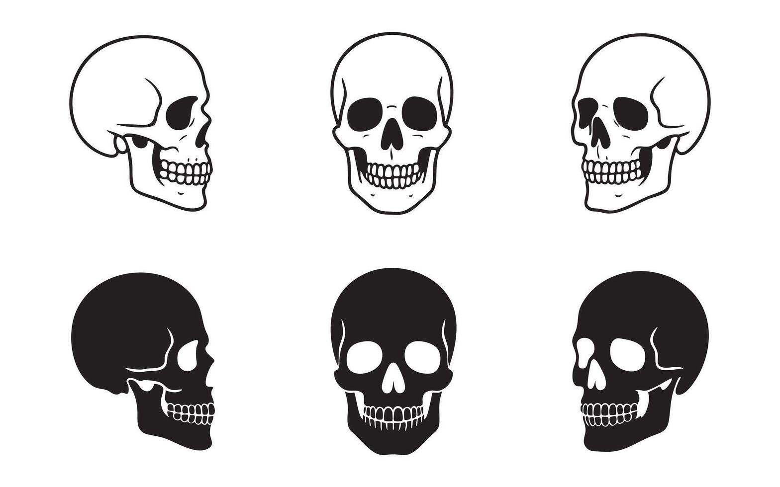 Set of human skull illustrations in outline and silhouette, front and side views, isolated on white background, graphic illustration. Concept of anatomy, tattoo, gothic, halloween design elements vector