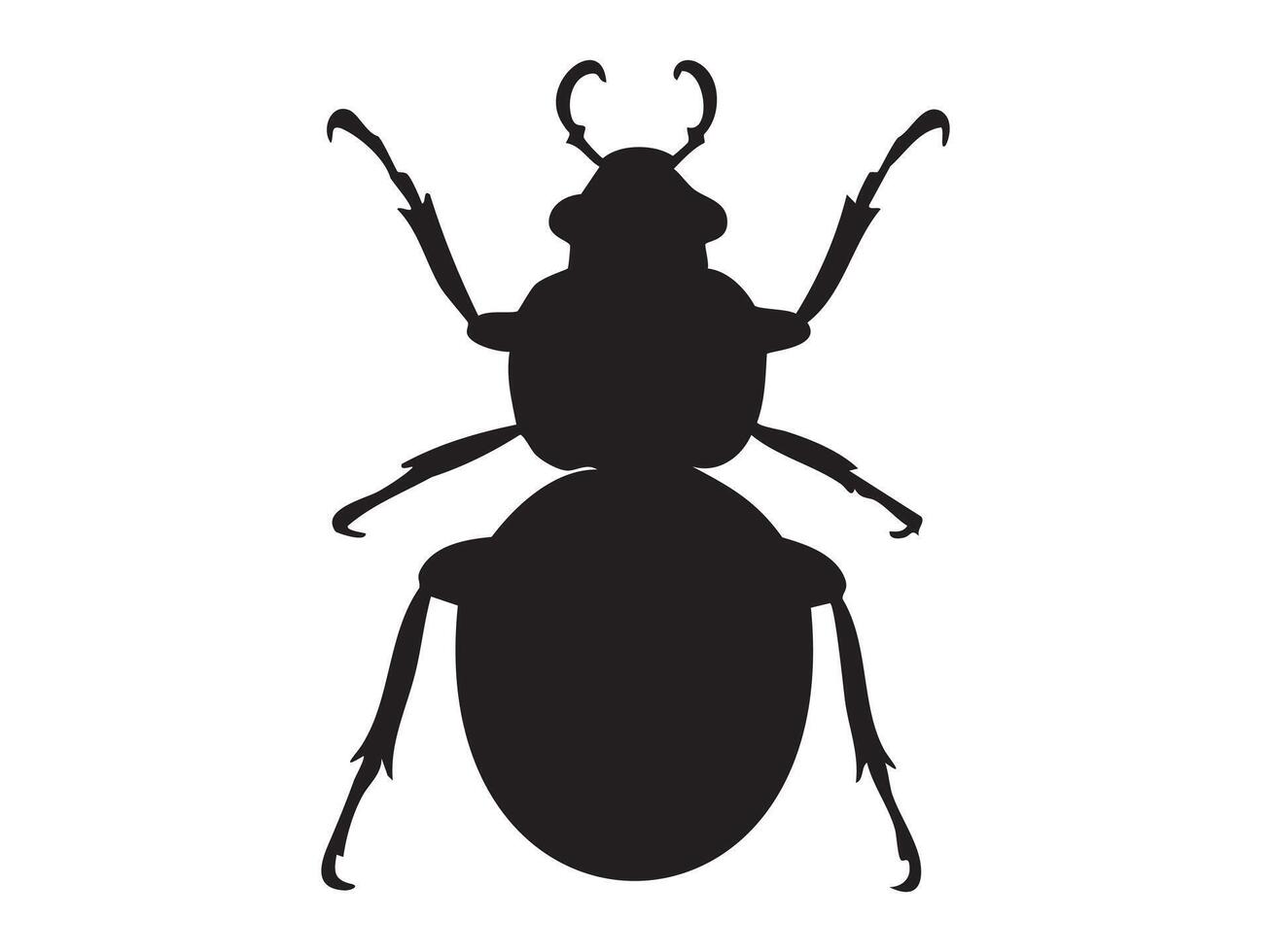Black silhouette of bug in crawling pose isolated on white background, graphic illustration. concept of insect, beetle, wildlife, entomology, icon, logo, design element vector