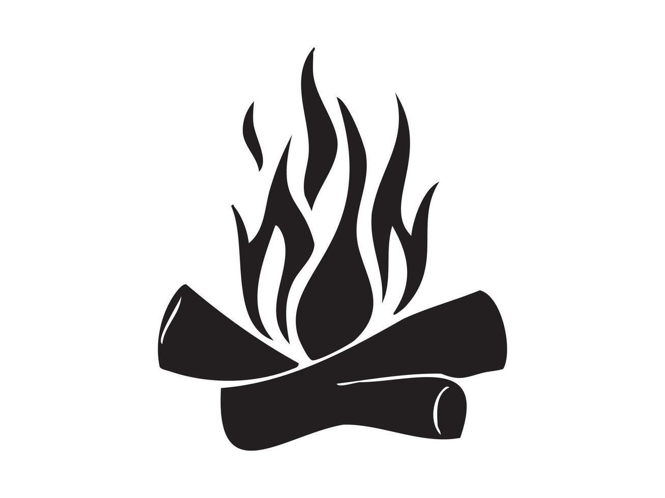 Black silhouette of campfire with flames and logs isolated on white background, graphic illustration. concept of outdoor adventure, bonfire, camping symbol, campfires vector