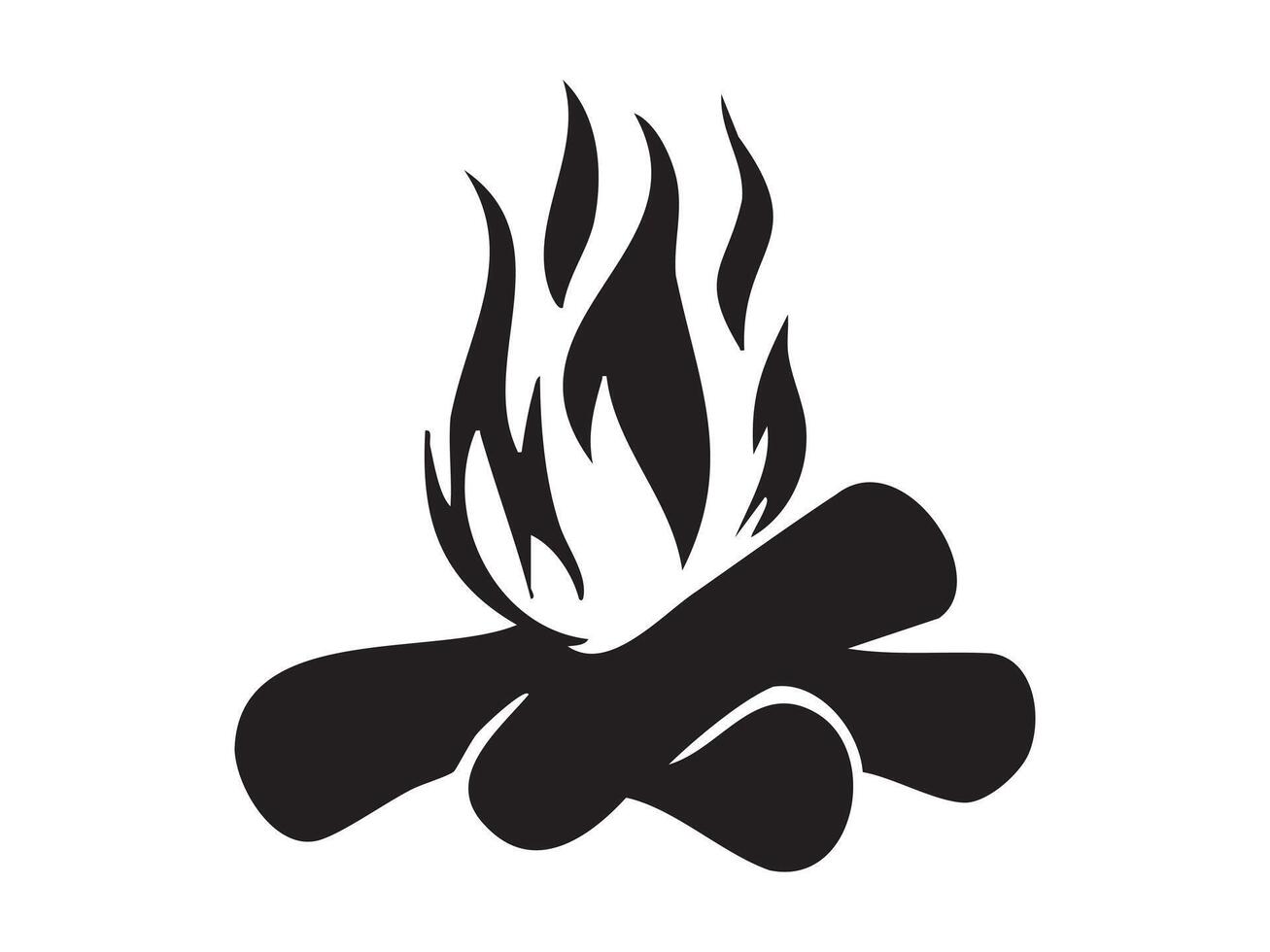 Black silhouette of fire flames and logs isolated on white background, graphic illustration. concept of campfire, heat, bonfire, warmth, survival, nature, design element vector