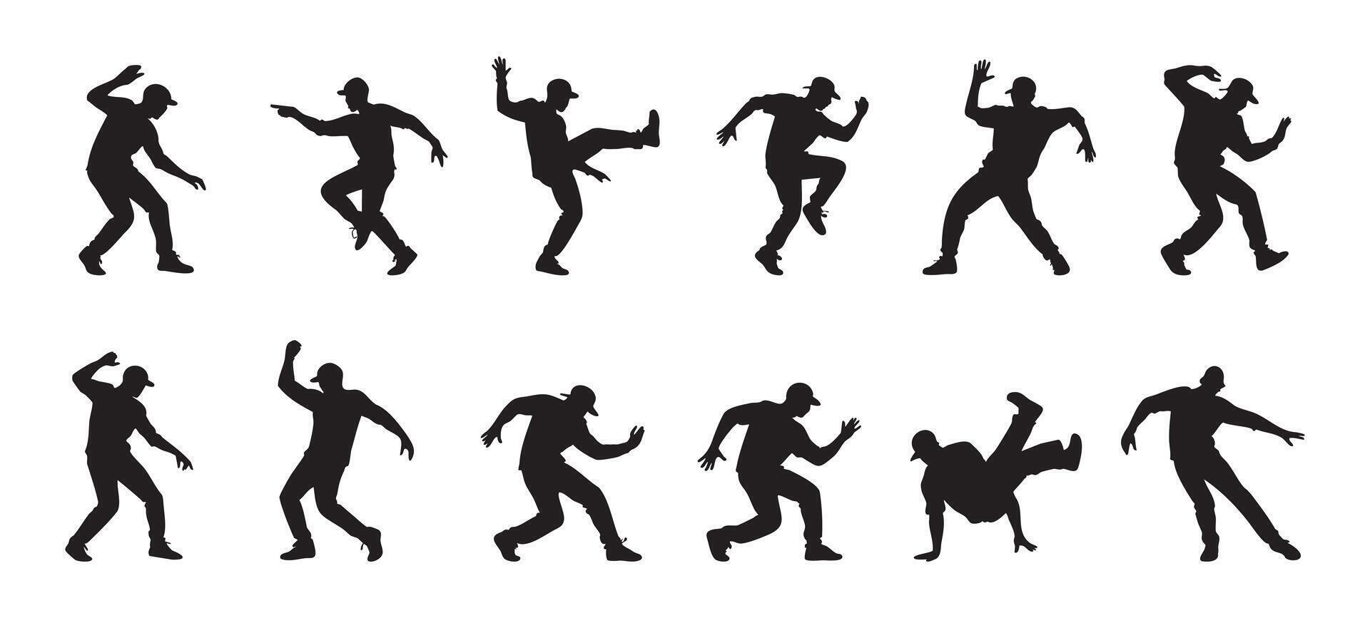 Black silhouettes of dancing men in energetic poses, isolated on white background, graphic illustration. concept of dance, movement, fun, design element, icon, breakdance, hip hop vector