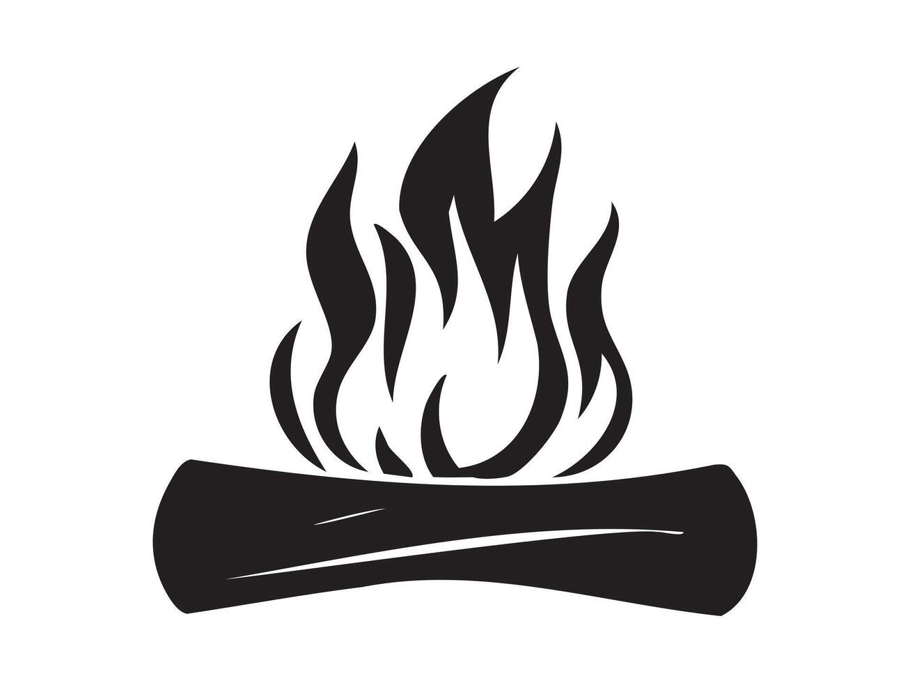 Black silhouette of a burning log with flames, isolated on white background, graphic illustration. concept of campfire, wood burning, fire icon, logo, design element. vector