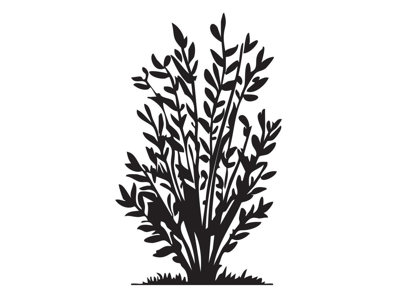 Black silhouette of tall bush with leaves isolated on white background, graphic illustration. concept of nature, plant life, botanical art, garden design, decorative element. vector