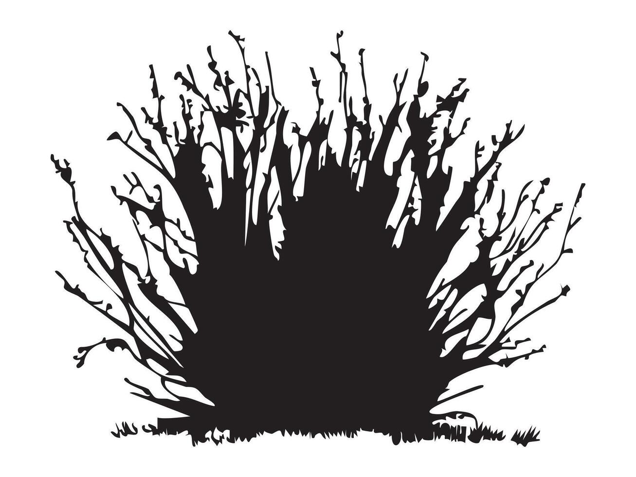 Black silhouette of bush with intricate branches isolated on white background, graphic illustration. concept of nature, plant, shrub, icon, logo, design element. vector