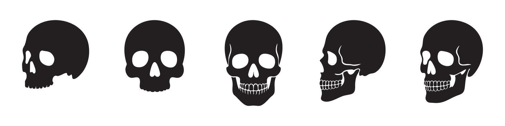Set of human skull black silhouettes in various styles, front and side views, isolated on white background, graphic illustration. Concept of anatomy, gothic symbol, tattoo, halloween design elements vector