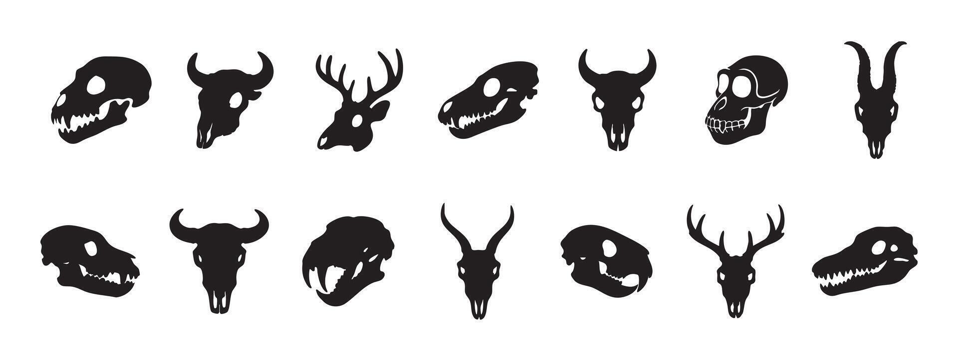 Black silhouette of various animal skulls, isolated on white background, graphic illustration. concept of wildlife, mysterious art, skull designs, decor elements, tribal tattoo symbols, collection vector