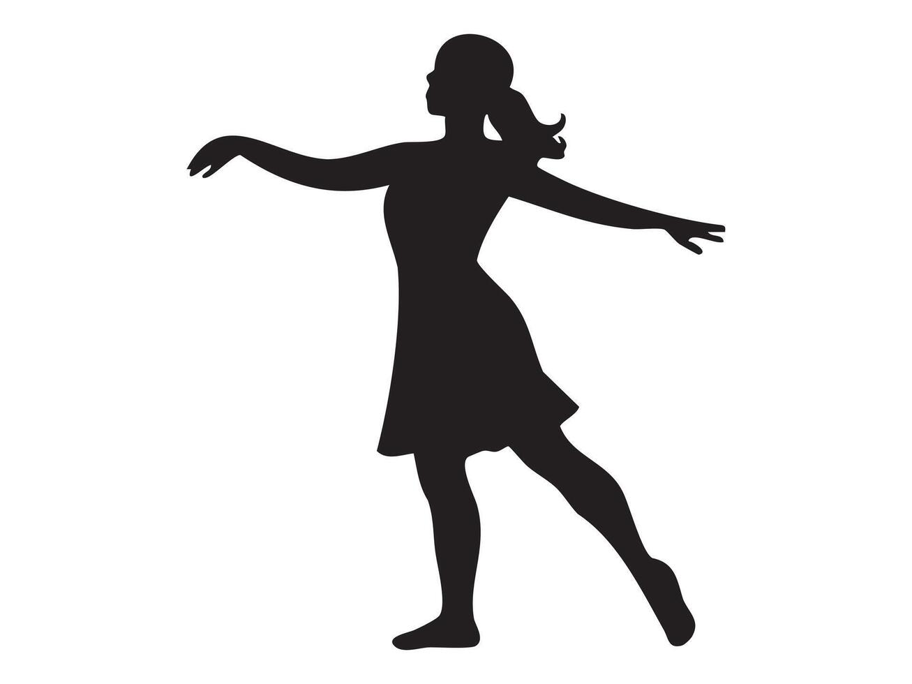 Black silhouette of a dancing woman in motion, isolated on white background, graphic illustration. concept of dance, performer, art, movement, design element vector