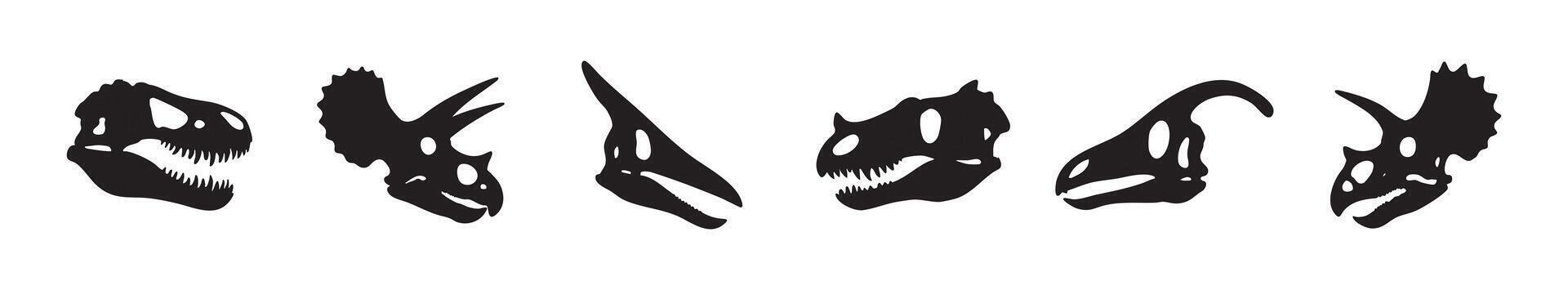 Set of dinosaur skull silhouettes in black color, isolated on white background, graphic illustration. Concept of prehistoric skeleton collection, ancient fossils, paleontology, design elements vector