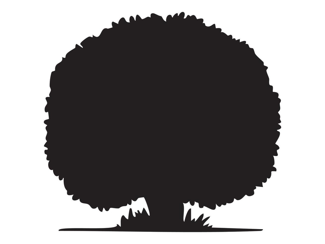 Black silhouette of a tree with dense foliage and grass at base on white background, graphic illustration. concept of nature, flora, garden, landscape, icon, design element vector