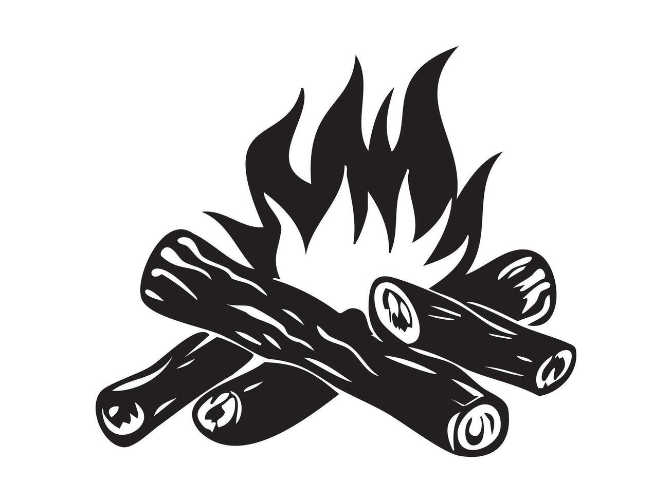 Black silhouette of campfire with logs and flames, isolated on white background, graphic illustration. concept of outdoor adventure, bonfire, camping, firewood, design element vector