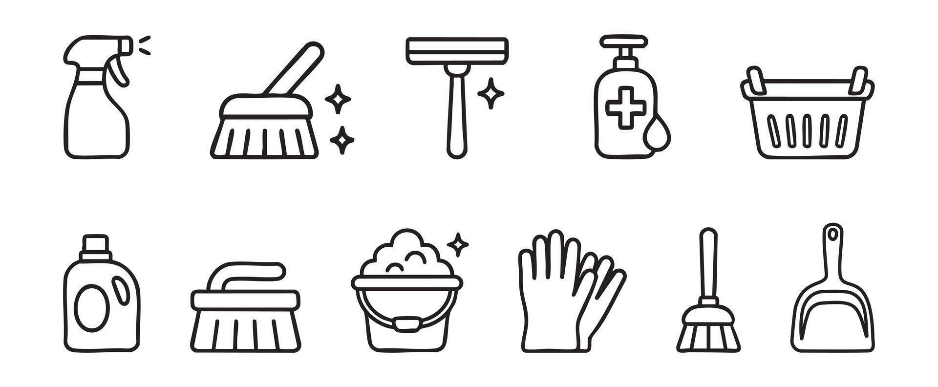 Black outline of cleaning tools and supplies set including spray bottle, mop, gloves, brush and other, isolated on white background. household chores, cleanliness, home maintenance, icon collection vector
