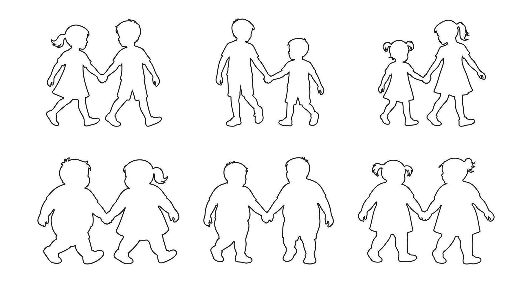 Set of outline of children walking in pairs, isolated on white background, graphic illustration. concept of childhood, friendship, boys, girls, social, playful interaction, icon, design element vector
