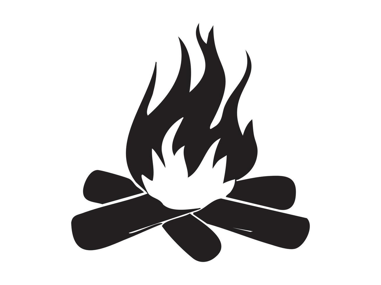 Black silhouette of campfire with logs isolated on white background, graphic illustration. concept of camping, outdoor bonfire, firewood, adventure, wilderness, design element. vector
