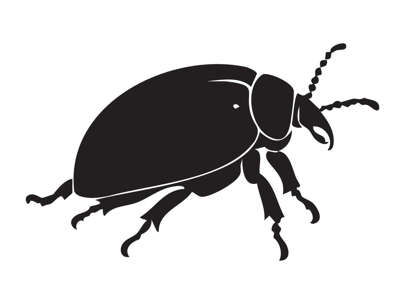 Black silhouette of beetle isolated on white background, graphic illustration. concept of insect, bug icon, nature design element, entomology, wildlife, detailed illustration. vector