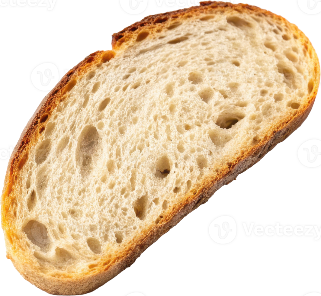 Freshly baked sourdough bread slice showcasing an irregular jagged edge and a porous chewy texture png