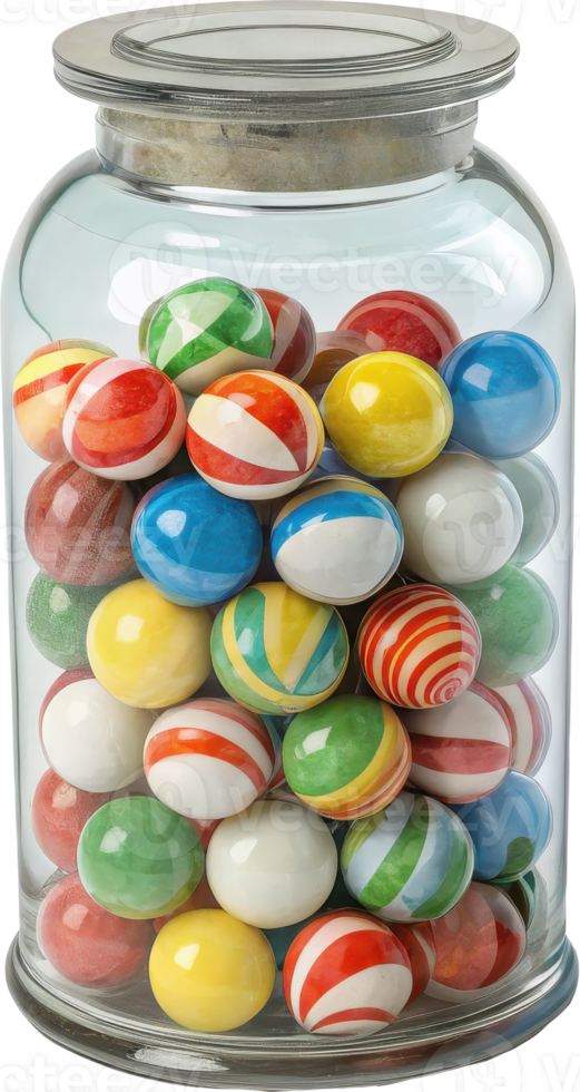 A glass jar filled with a captivating arrangement of multi colored spherical marbles png