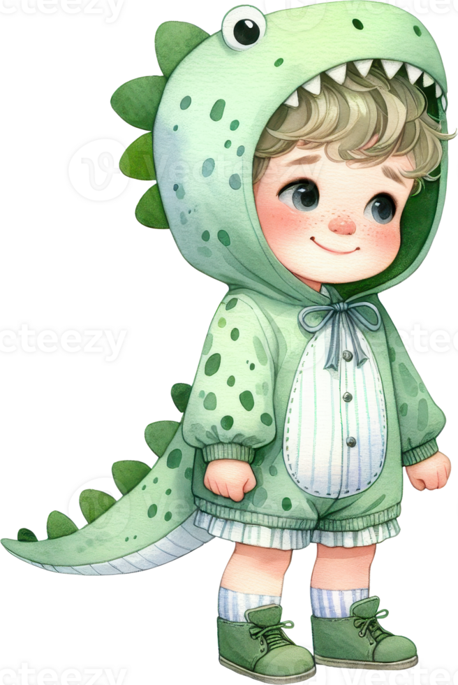 Cheerful child in a dinosaur costume png