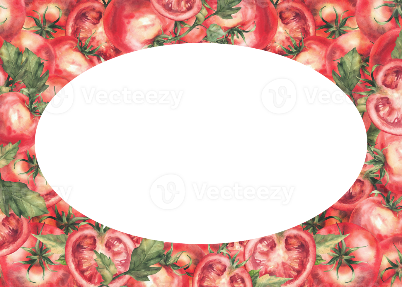 Tomatoes vegetables. Watercolor rectangular frame with oval text space Illustration isolated background Whole and half sliced red fruit with stalk and leaves. Realistic painted illustration food label png