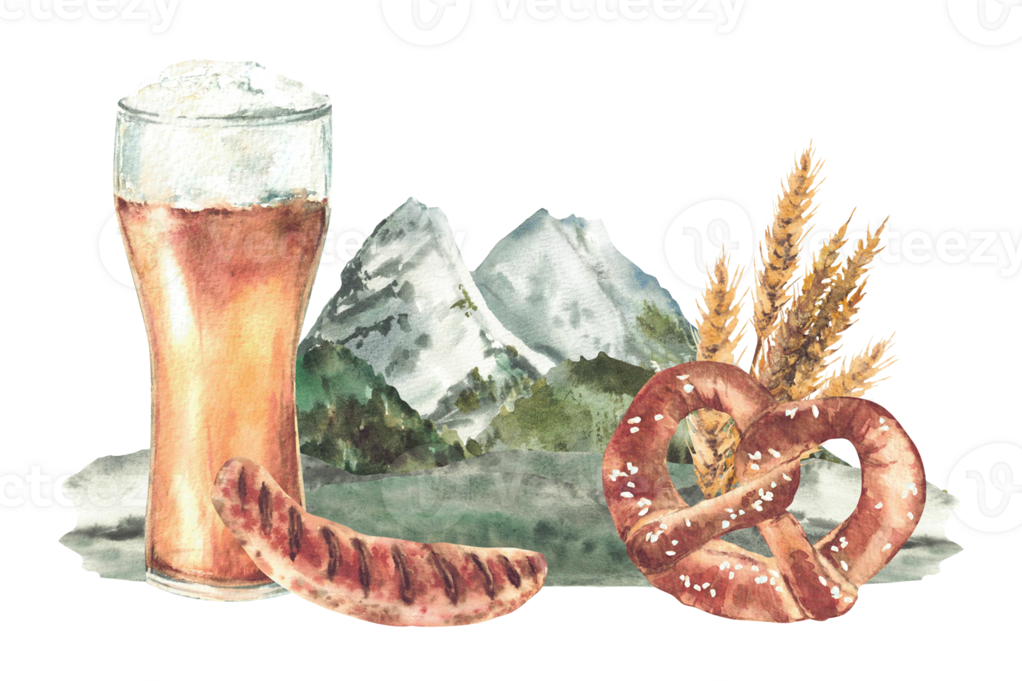 Glass of Beer with sausage and pretzel against the background of Bavarian Zugspitze. Alpine mountains landscape. Watercolor painted German landmark. Oktoberfest drink and snack isolated illustration png
