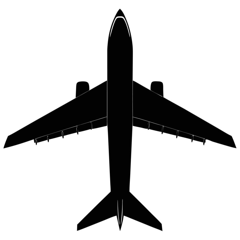 Black Silhouette of a Large Passenger Airplane Viewed from Above Showing Wings Tail and Engines vector