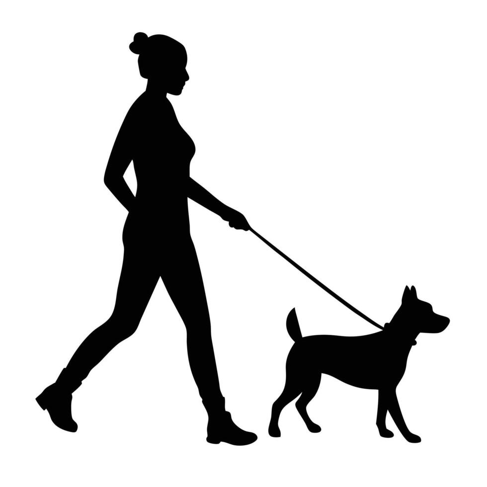 Black Silhouette Woman Walking Small Dog on Leash White Background Casual Outfit Ankle Boots vector