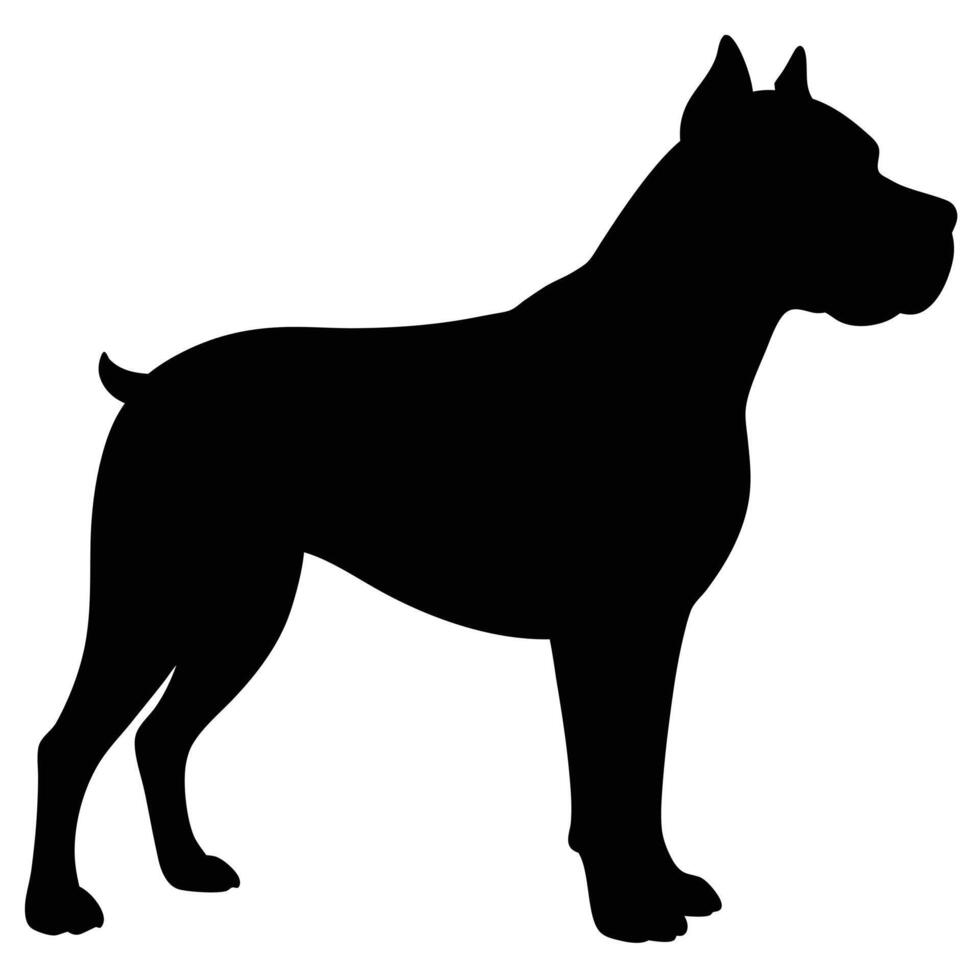 Black Silhouette of a Cane Corso Dog Standing Side Profile Against White Background Canine vector
