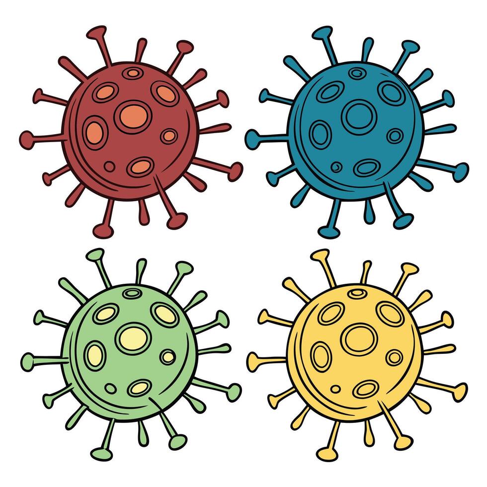 Four Stylized Virus Illustrations Red Blue Green Yellow Cartoon Style Simple Graphic Design Elements vector