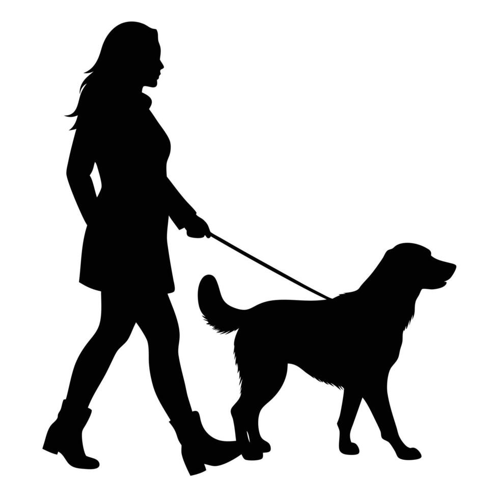 Silhouette of Woman in Boots Walking Large Dog on Leash Black and White Graphic girl vector