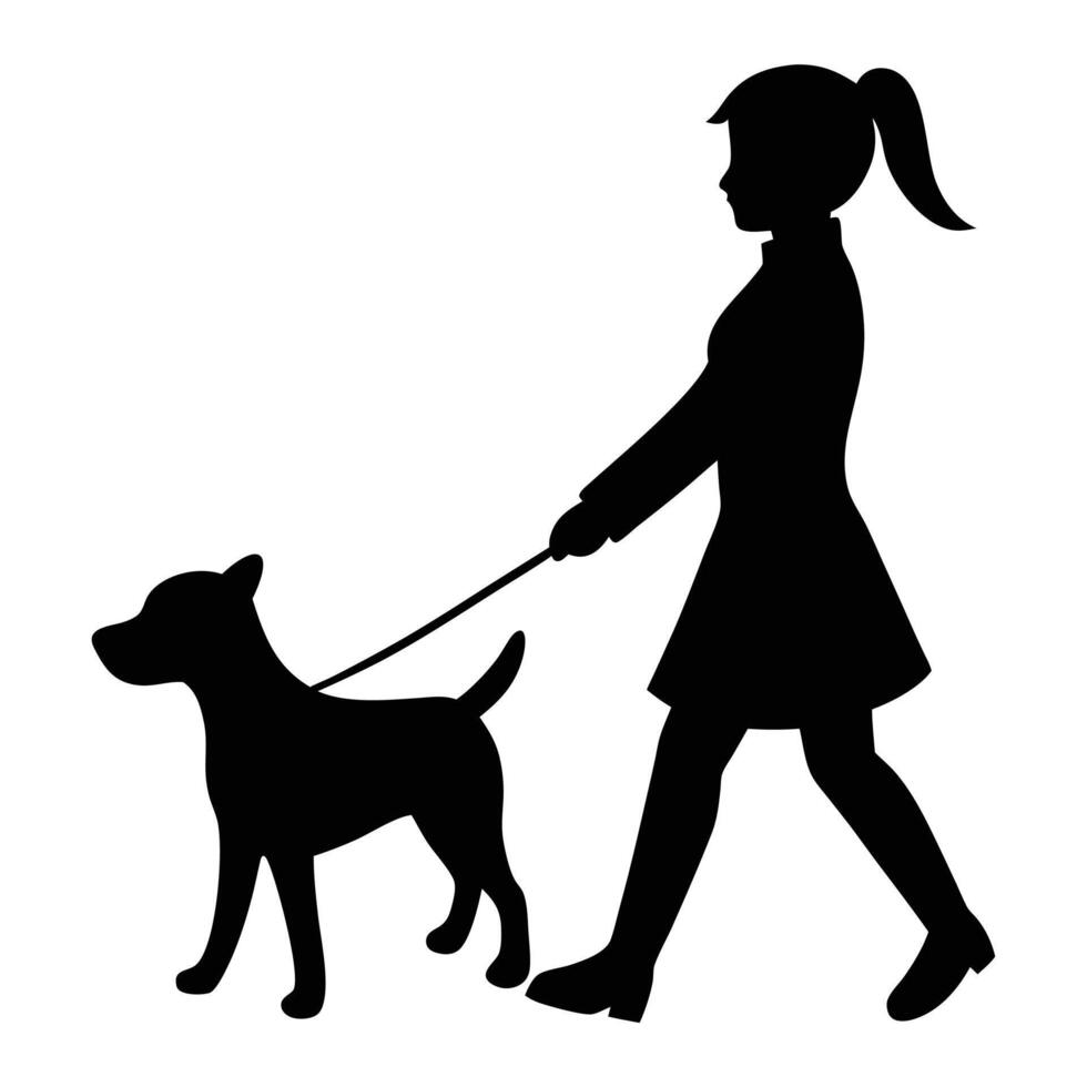 Black Silhouette of Girl Walking Dog on Leash Simple Graphic Illustration woman puppy vector