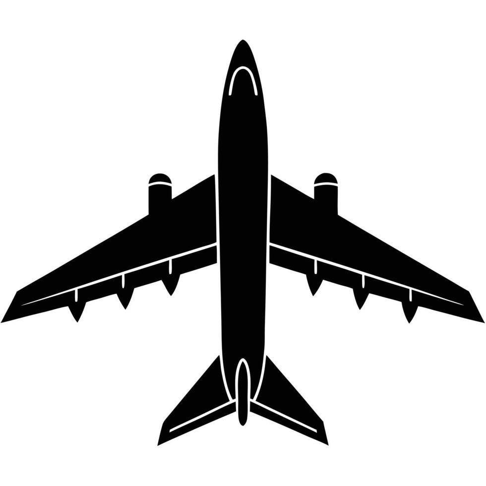 Black Silhouette of Airplane Viewed from Above Simple Minimalist Air Travel Icon Graphic Design vector