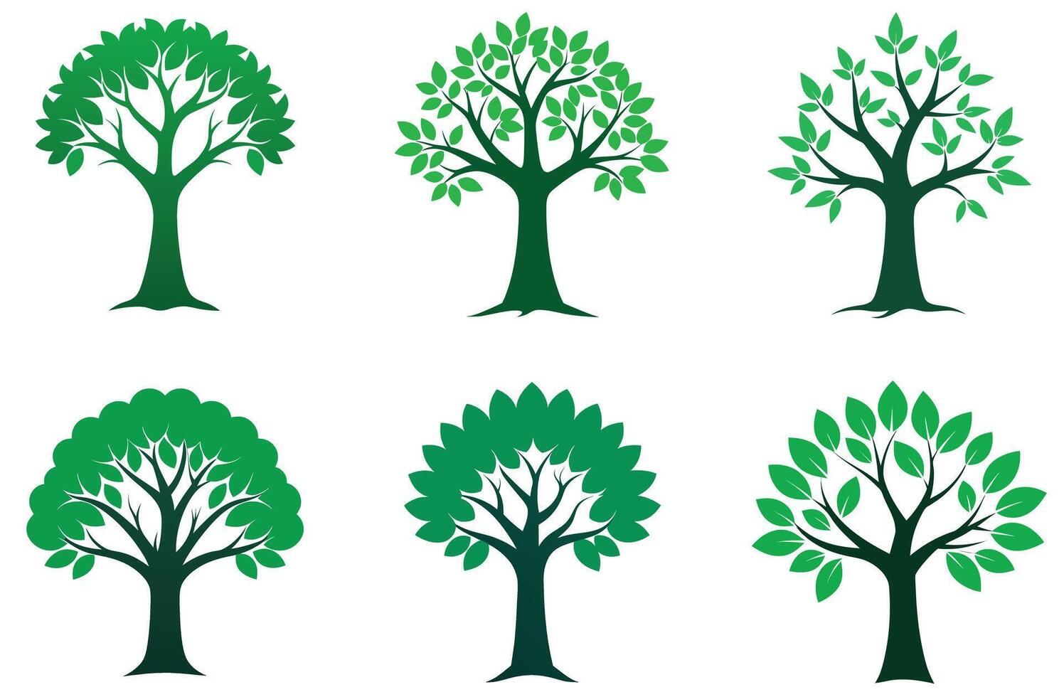 Six green trees with gradient leaves on white background nature leaf vector