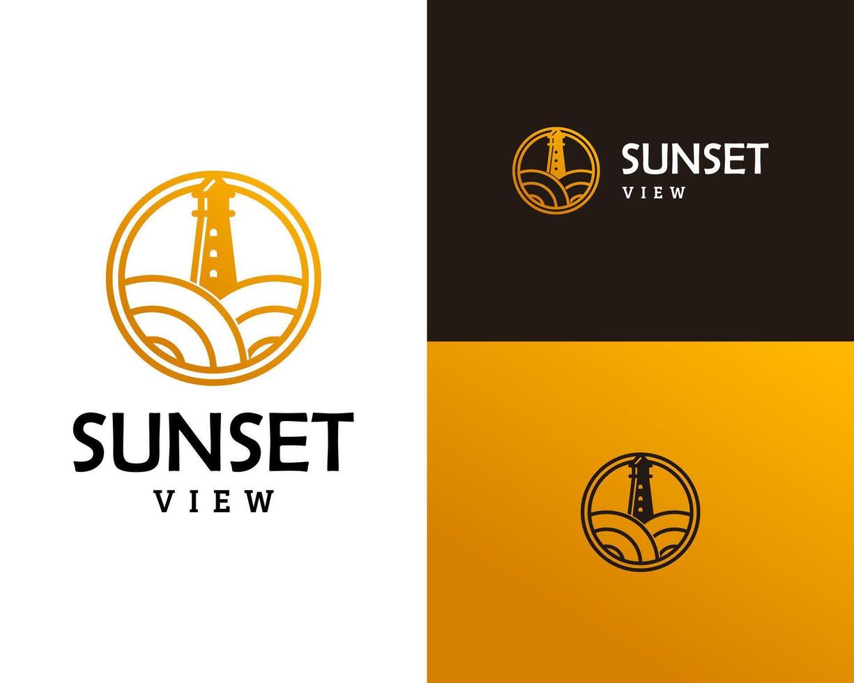 Logo design about sunset view on the beach with lighthouse. vector