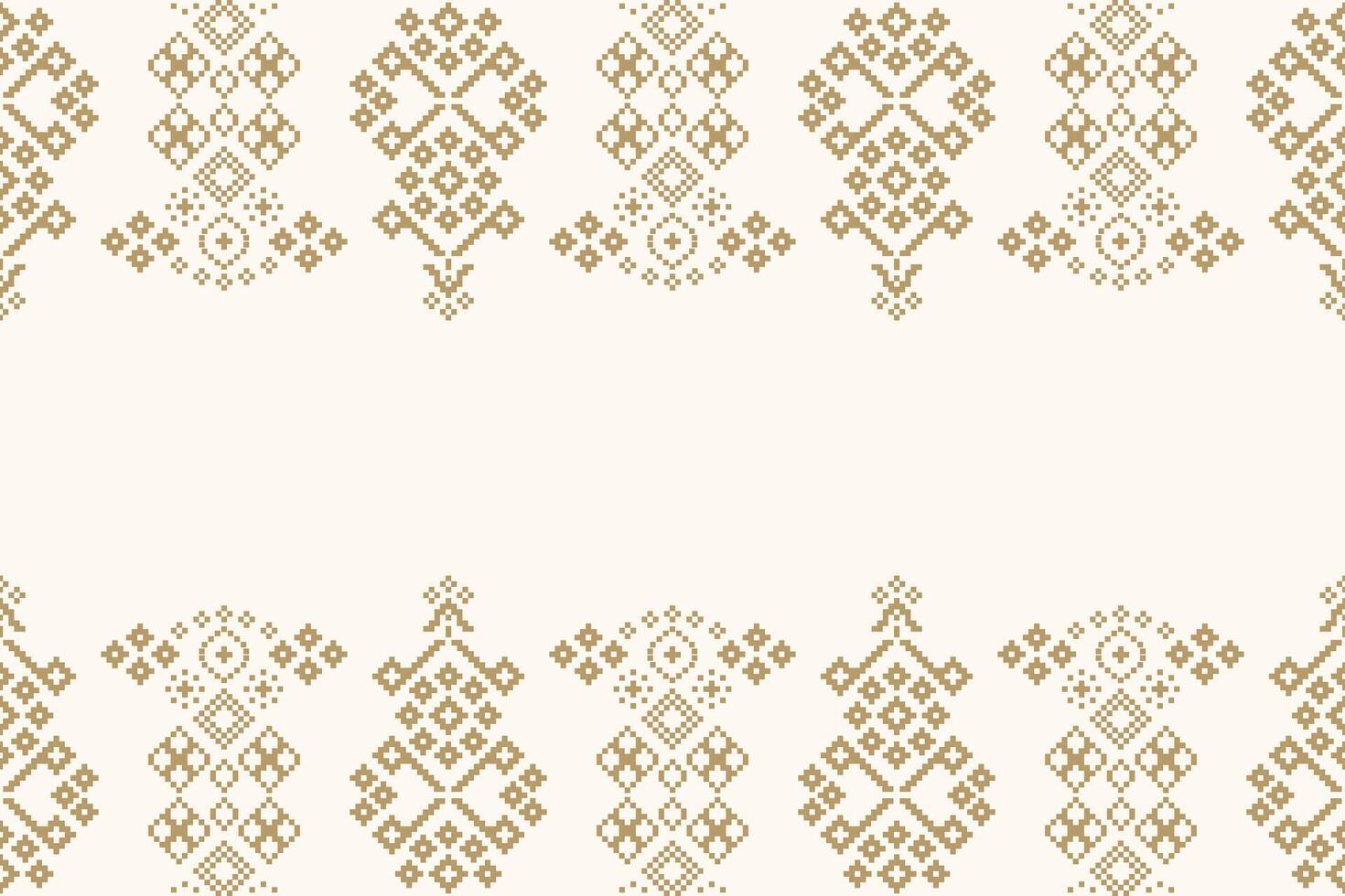 Ethnic pattern of pixel with brown cream color background cross stitch fabric. vector