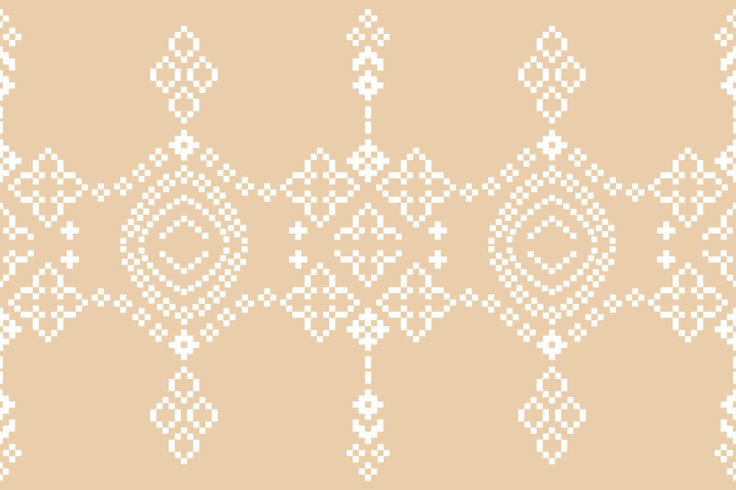 Motif cross stitch ethnic pattern brown cream color background pixel art. vector