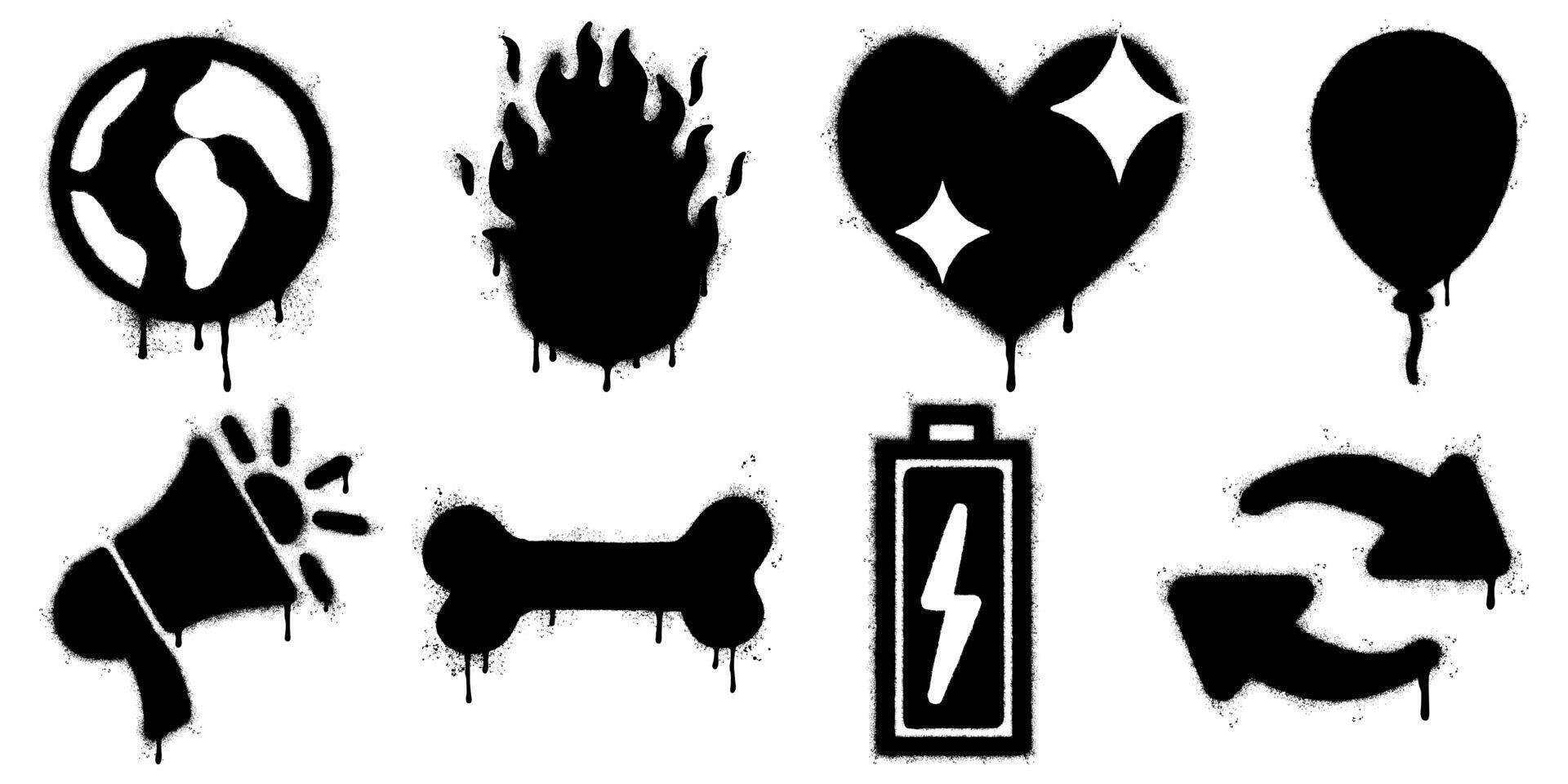 Collection of black and white spray paint stencil icons including Earth, fire, heart, balloon, megaphone, bone, battery, and refresh arrows. Grunge street art style with dripping paint effect. vector