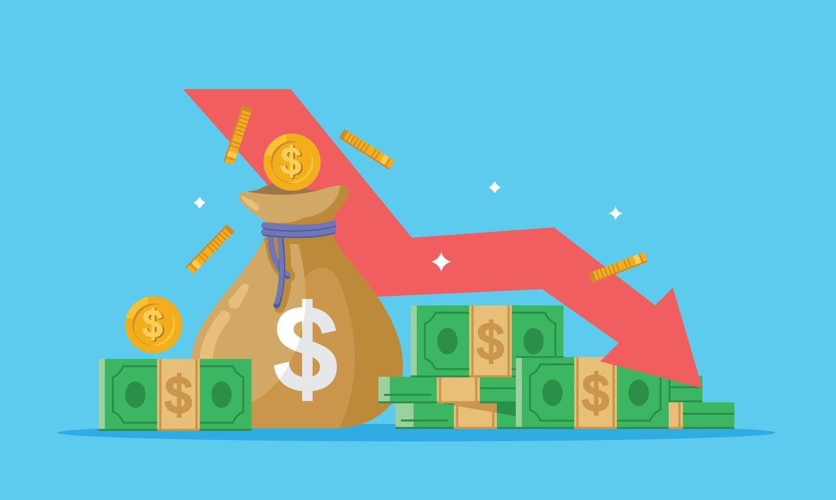 Money bag with decreasing graph illustration vector