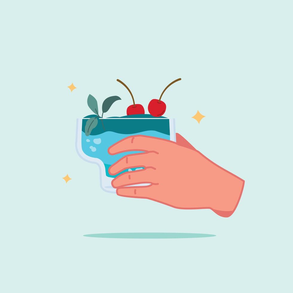 hand holding alcoholic berry drink in mini glass. summer appetizer decorated with mint leaves and lychee vector